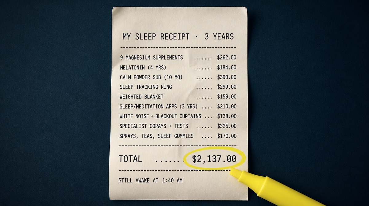 An itemised receipt of everything bought to fix sleep, totalling $2,137