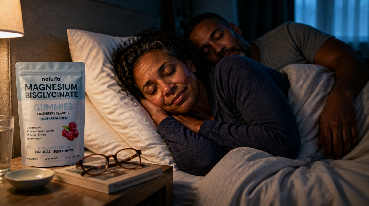 A couple asleep in the early morning with a pouch of gummies on the nightstand