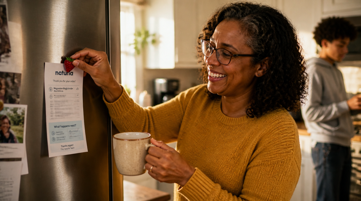 A woman pinning a receipt to the fridge door with a magnet, smiling, coffee in hand