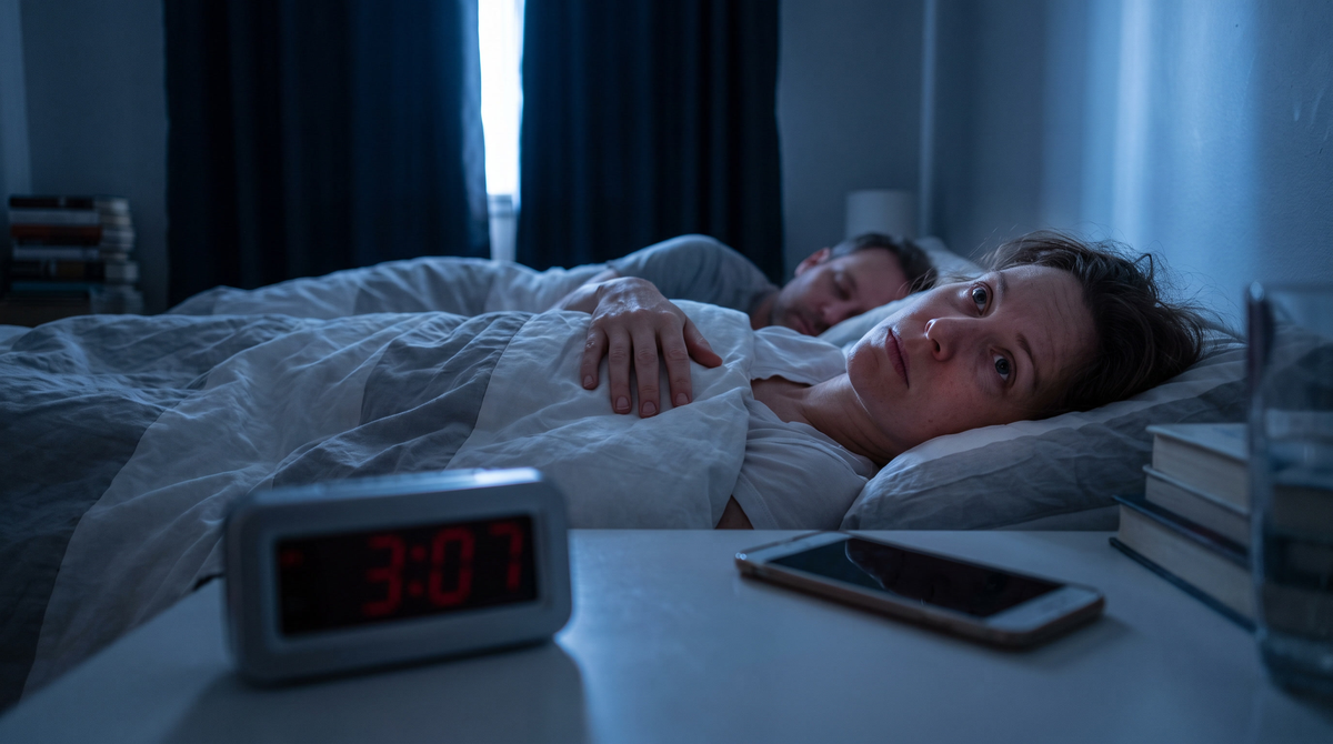 A woman lying awake in bed in the middle of the night, staring at the ceiling