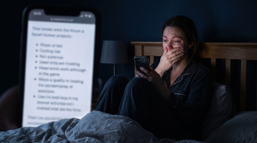 A woman sitting up in bed late at night holding her phone, eyes welling with tears of relief