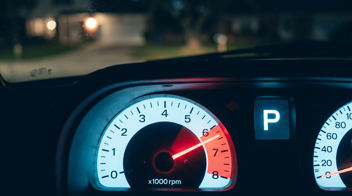 A car dashboard at night with the rev needle in the red while the gear shows Park