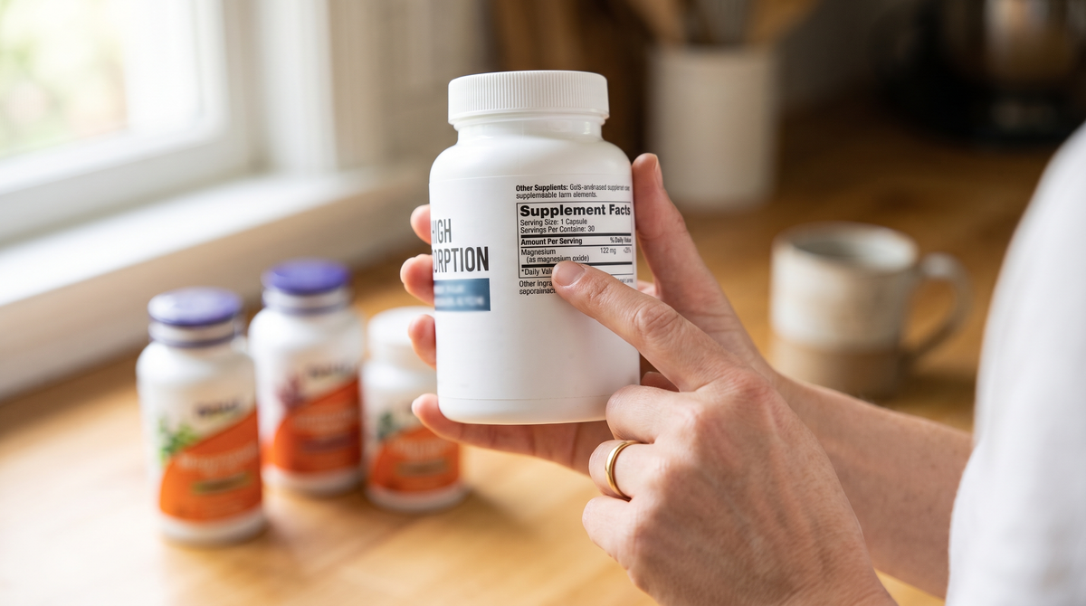 Hands holding a supplement bottle turned to the Supplement Facts panel