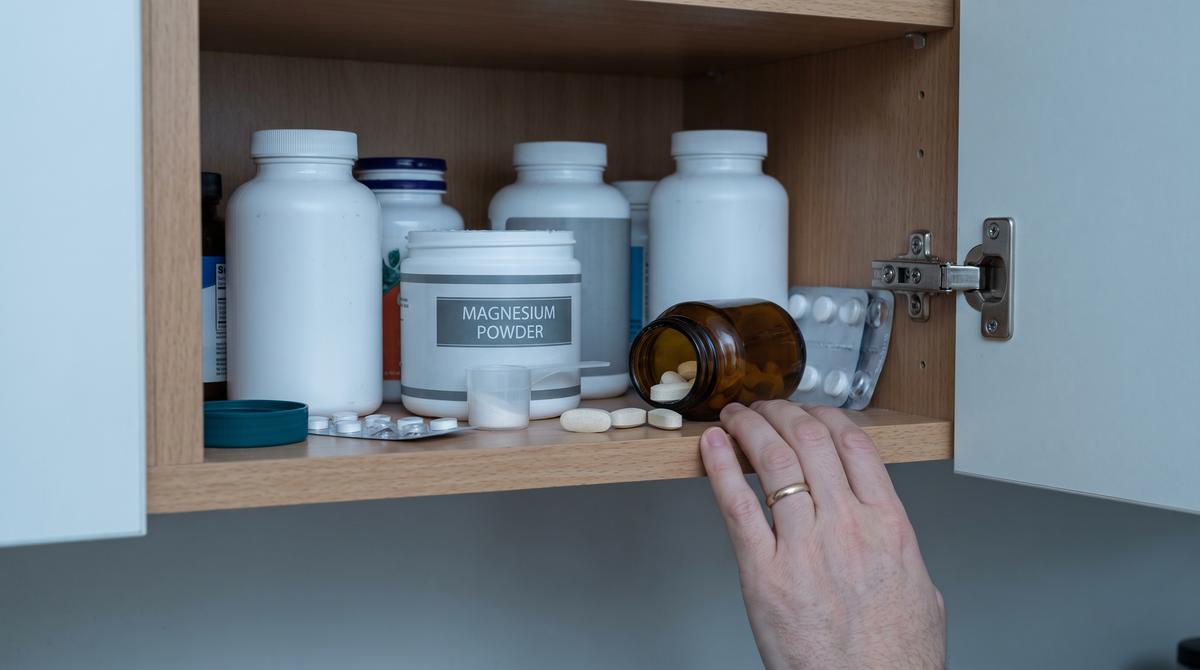 A kitchen cupboard crammed with half-used supplement bottles and powders