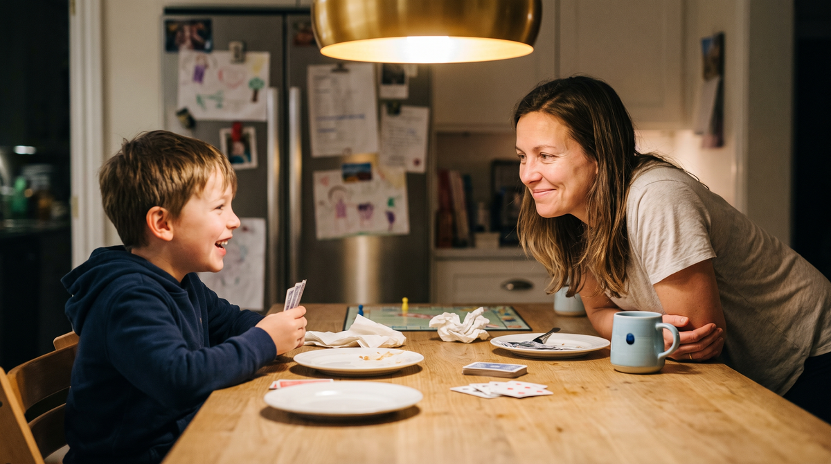 A mother laughing with her son over a board game at the kitchen table after dinner
